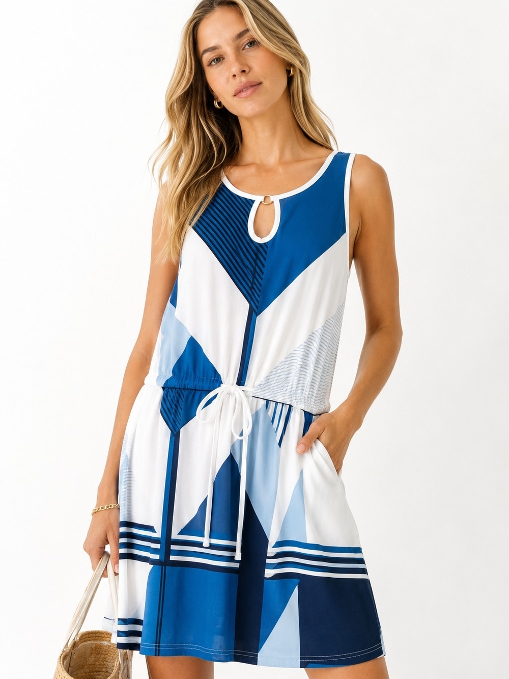 Blue White Geometric Nautical coastal white blue Drawstring Dress Size Small